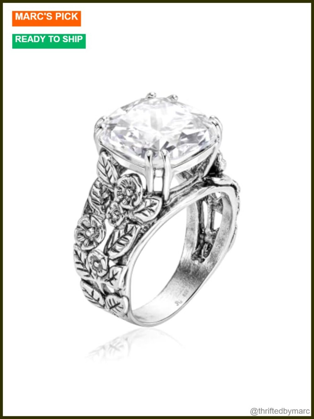 925 Sterling Silver Ring Cushion CZ Floral Leaf Vintage Statement